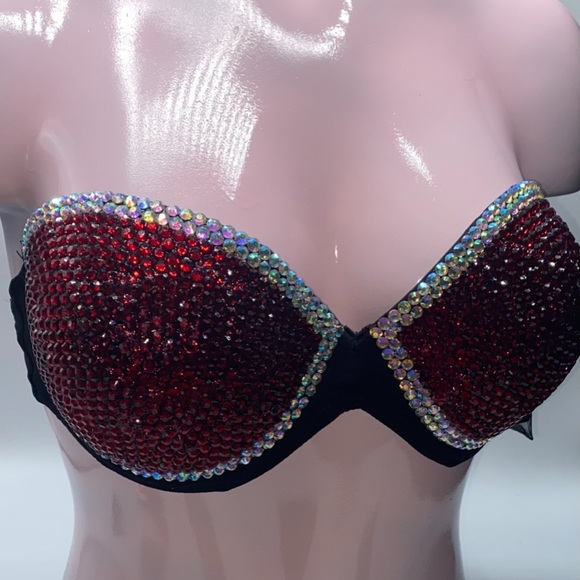 Iridescent Crystal AB Diamond & Dark Red Casino Strapless Bralet All Sizes New - Picture 2 of 11
